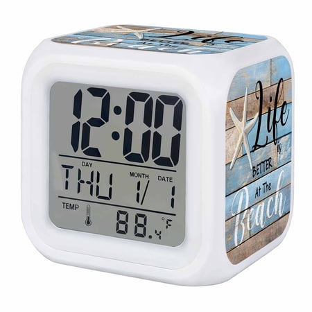 Alarm Clocks Blue Wood Grain Digital Clock 7 Color LED Night Light Silent Non-Ticking Battery Operated Life Is Better at The Beach Cube Clocks for Bedroom Bedside Living Room Office School