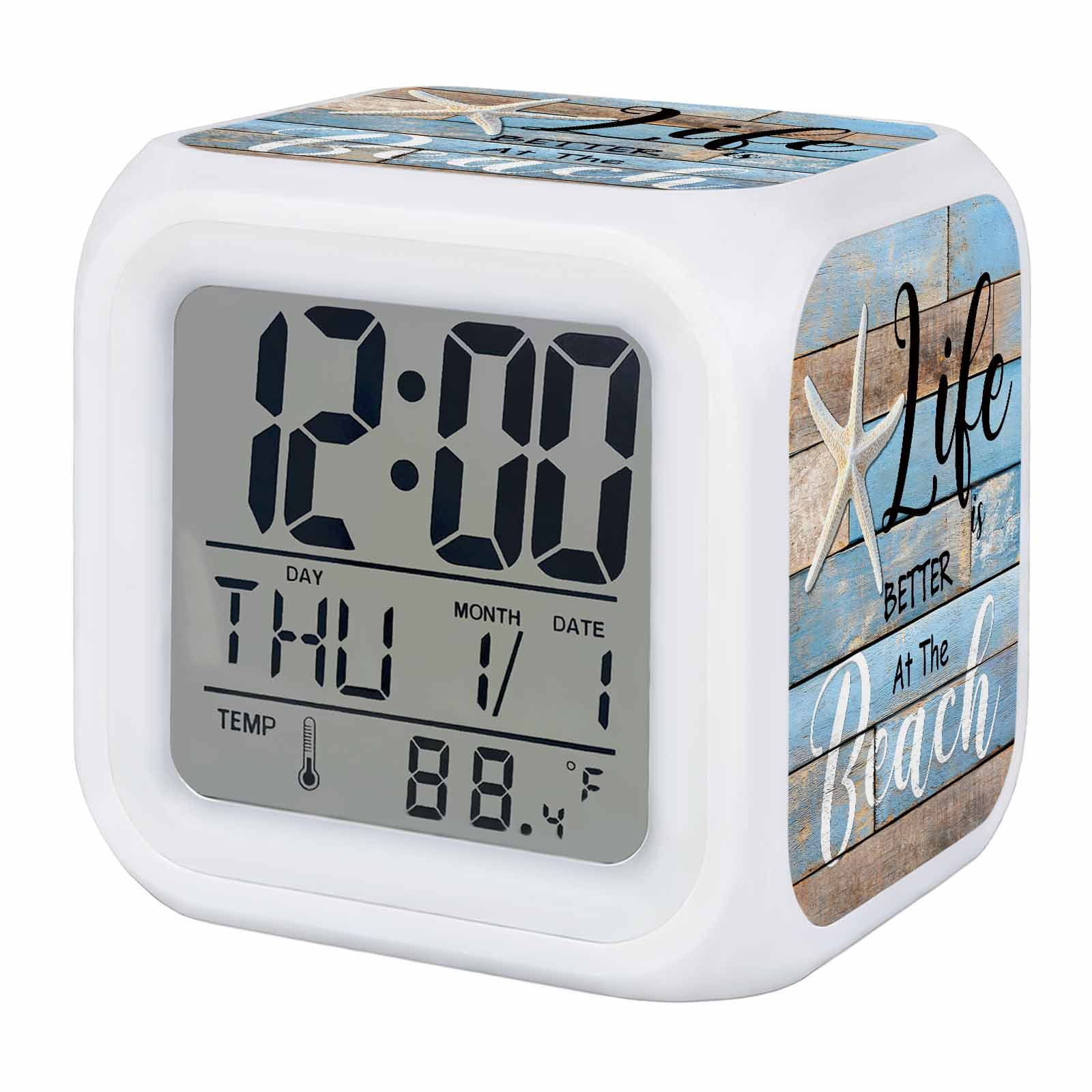 Alarm Clocks Blue Wood Grain Digital Clock 7 Color LED Night Light Silent Non-Ticking Battery Operated Life Is Better at The Beach Cube Clocks for Bedroom Bedside Living Room Office School