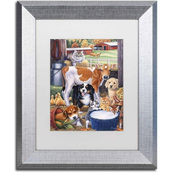 Trademark Fine Art 'Barn Pals' Canvas Art by Jenny Newland, White Matte, Silver Frame