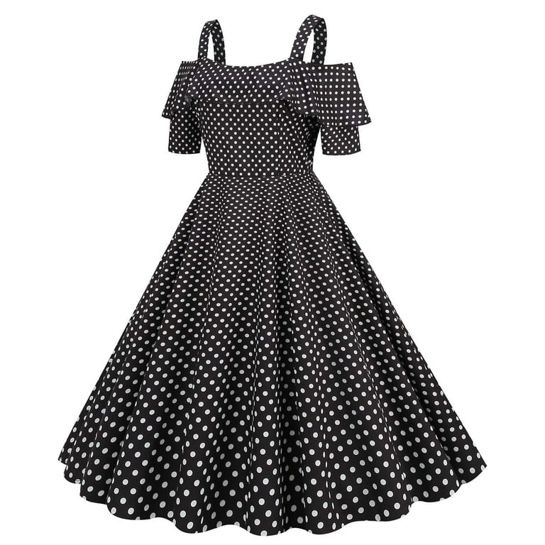 YYDGH Women s 1950s Vintage Dresses Polka Dot Spaghetti Strap Cocktail Party Dress Cold Shoulder Short Sleeve Ruffle A Line Swing Tea Dress Black L