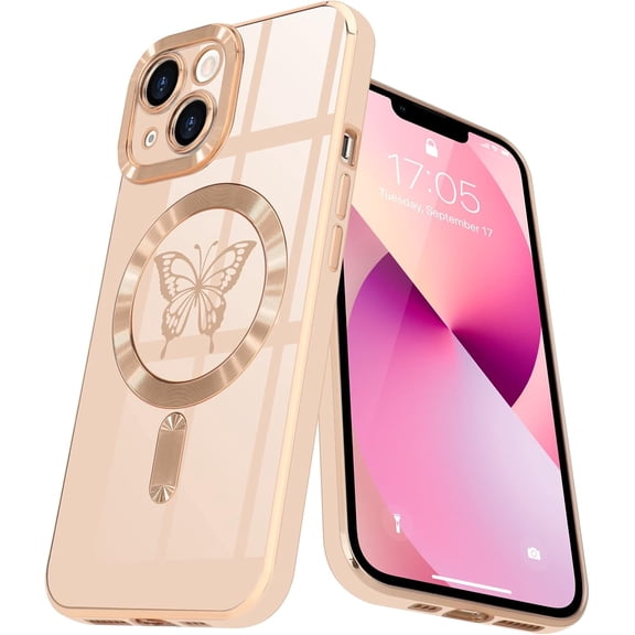 MYKOMI Magnetic for iPhone 13 Case for Women Girls [Compatible with MagSafe] [Camera Protection] Bling Luxury Cute Butterfly Plating Anti-Scratch Silicone Cover Phone Case for iPhone 13