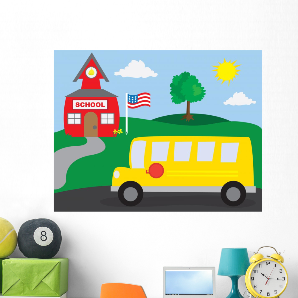 School and Schoolbus Wall Mural by Wallmonkeys Peel and Stick Graphic