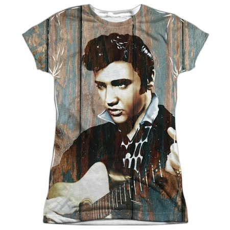 Elvis White Suit Elvis Presley Woodgrain (Front Back Print) Juniors Sublimation Polyester Shirt White ()