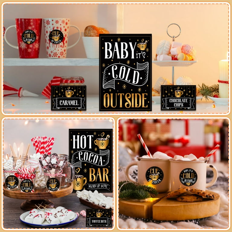 WhatSign Hot Cocoa Bar Kit Supplies Hot Cocoa Banner Sign Decor Winter  Wonderland Decorations Christmas Hot Chocolate Toppings Labels Cup Tags  Stickers Baby Its Cold Outside Baby Shower Decorations 