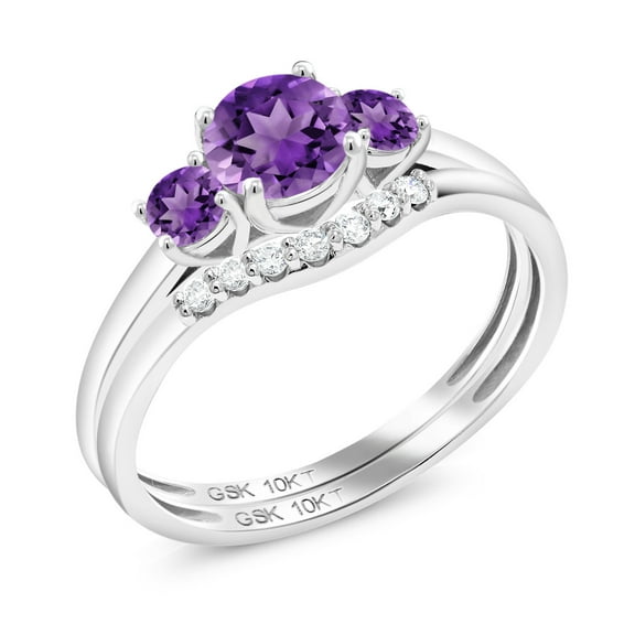 Gem Stone King 10K White Gold Purple Amethyst and White Lab Grown Diamond Engagement Ring | 3-Stone Bridal Wedding Ring Set for Women | 0.72 Cttw | Size 7