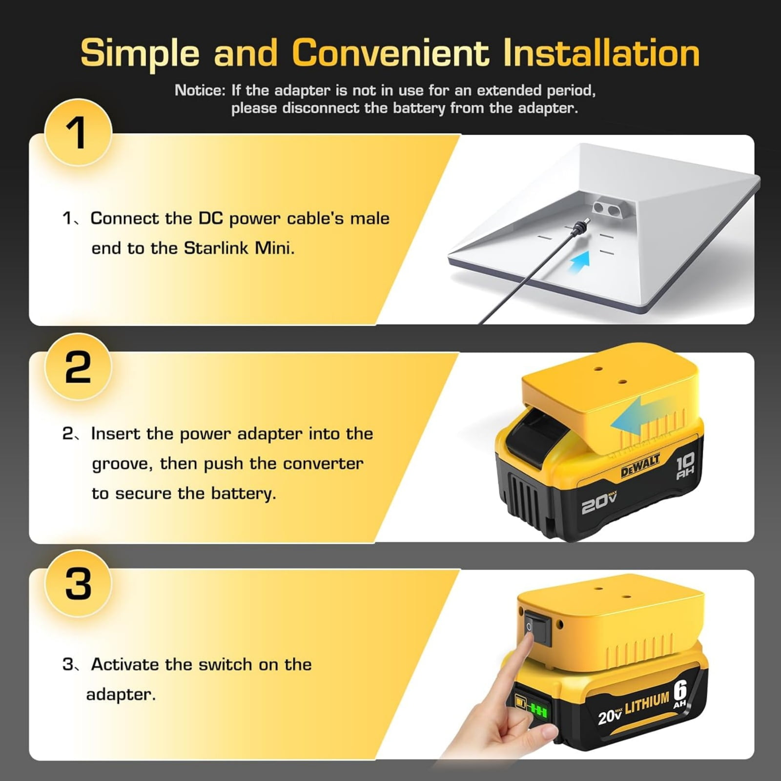 Starlink Mini Battery Adapter for Dewalt 18V/20V Li-Ion Battery – 2M DC Cable, 30A Fuse, Waterproof Outdoor Power Supply for RV Camping Field Use