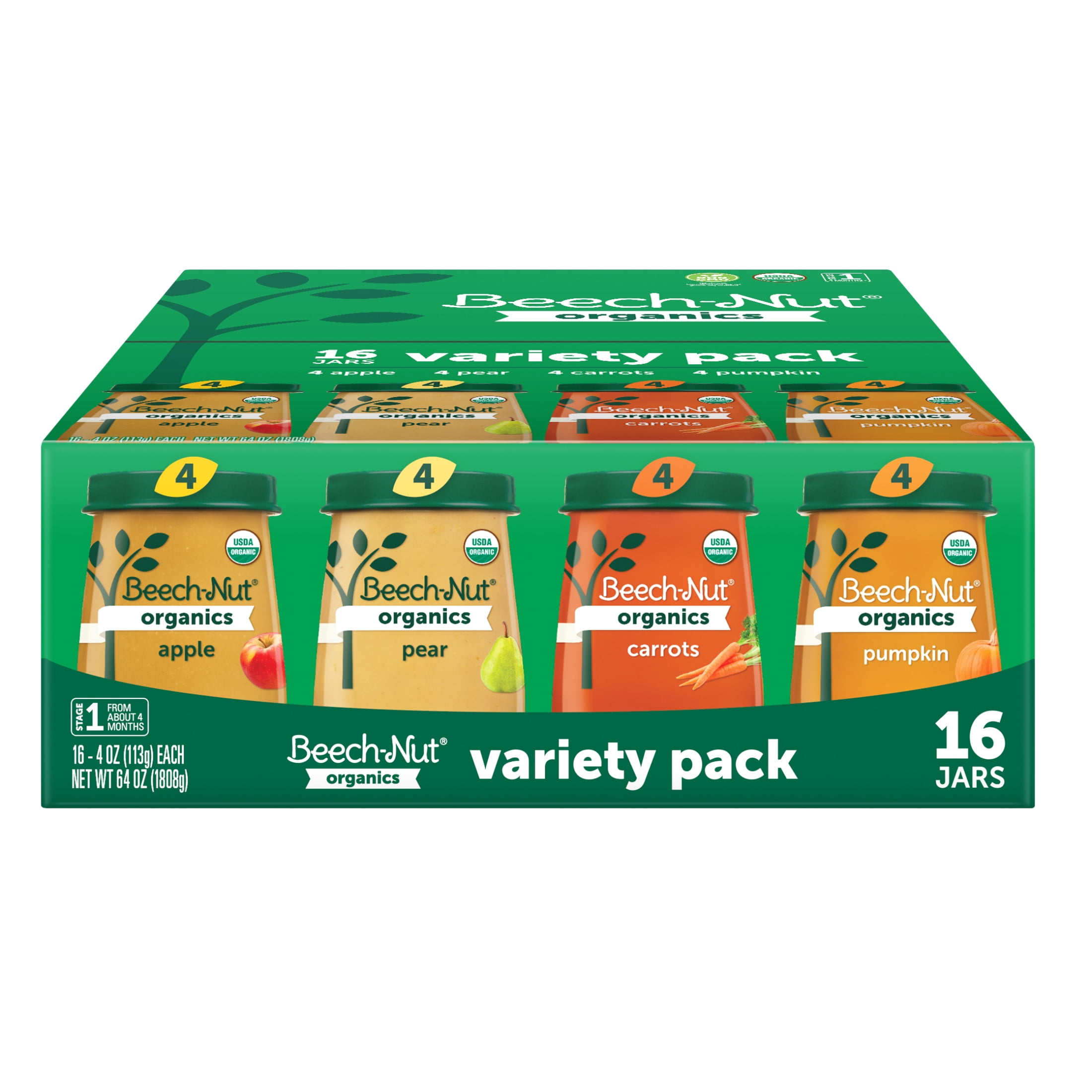 Beech-Nut Organics Stage 1 Baby Food, Fruit & Vegetable Variety Pack, 4 oz Jars (16 Pack)