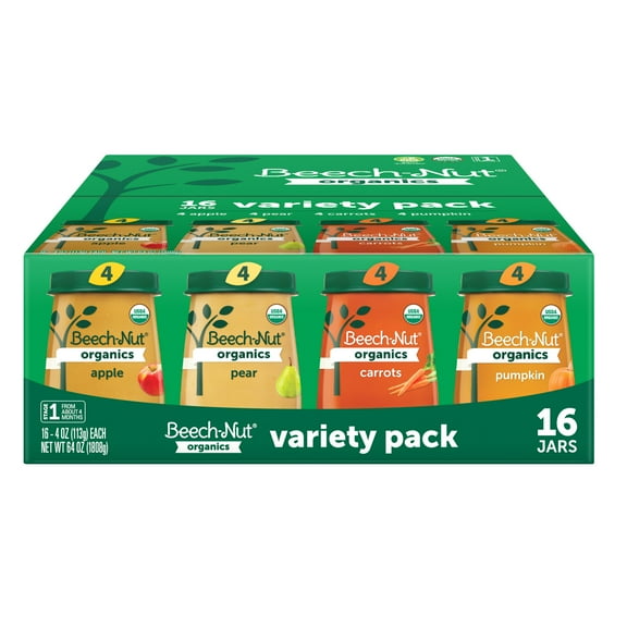 Beech-Nut Organics Stage 1 Baby Food Variety Pack, Fruit & Vegetable, 4oz Jar (16 Pack)