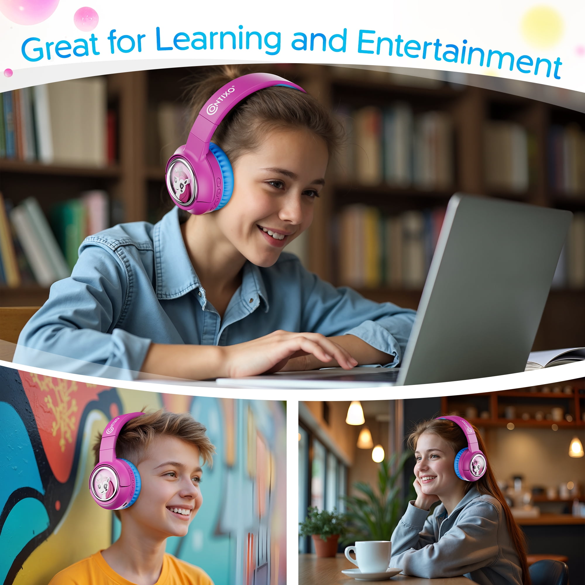 Contixo Foldable Kids Headphones with Microphone, Noise-Limiting Bluetooth Headphones, Pink