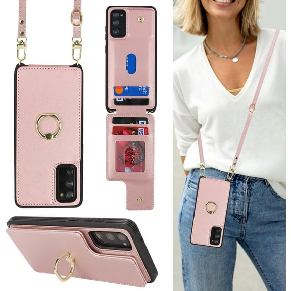 for Samsung Galaxy S20 FE Case with Card Holder and Strap for Women,Crossbody Lanyard,Ring Stand,Snap Clasp,Phone Wallet Cases 6.5 inch(Rose Gold)