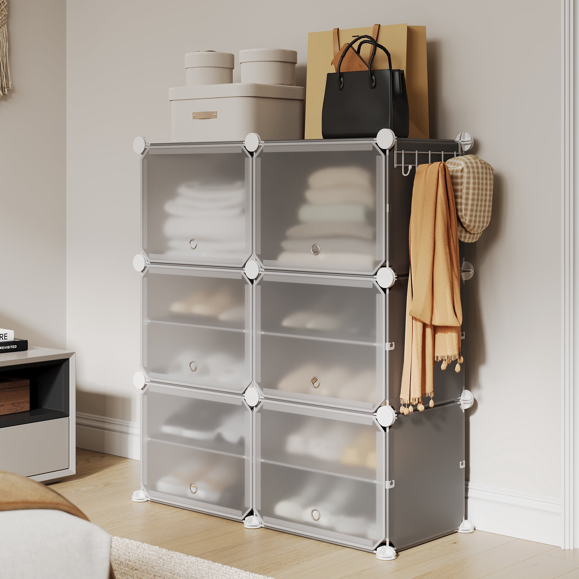 Modular 6-Cube Shoe Storage Cabinet with Doors – 6-Tier Plastic Shoe Organizer – Space-Saving – Easy DIY Assembly – for Entryway, Bedroom, Living Room – Gray