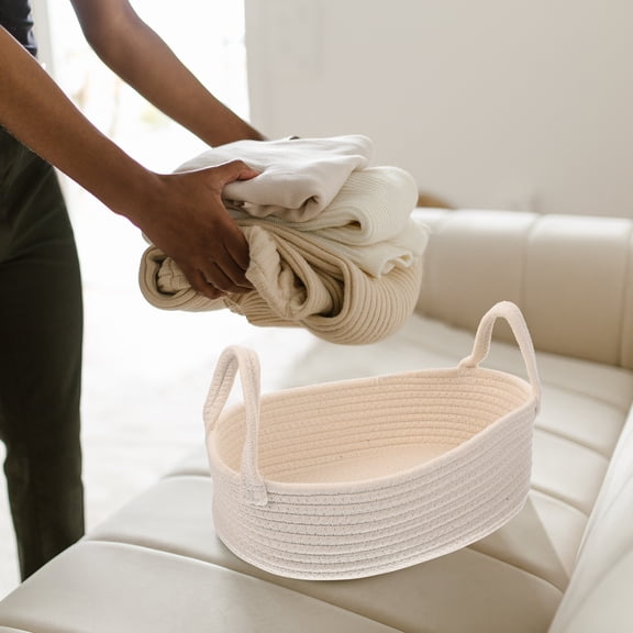 RENACLIPY Small Woven Cotton Basket for Organizing, White Storage Bin for Bedroom, Laundry Room, Home Use, and Lightweight