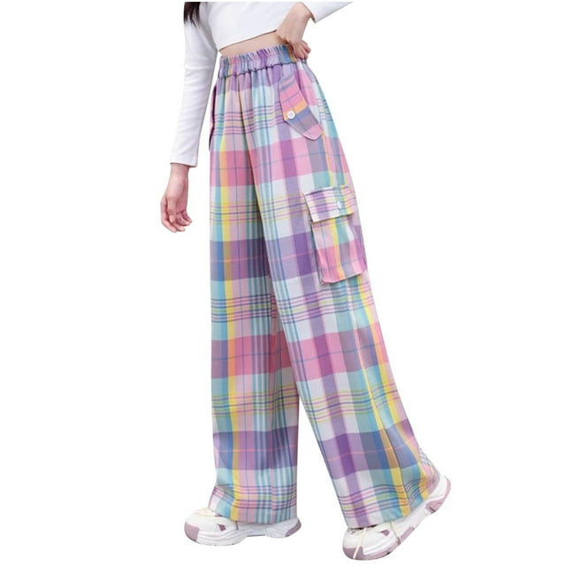 Odeerbi 5-14 Años Niños Niñas Pantalones de Carga En Cuadro Deportes Pantalones de Pierna Ancha Pantalones de Trabajo de Pierna Recta Con Bolsillo