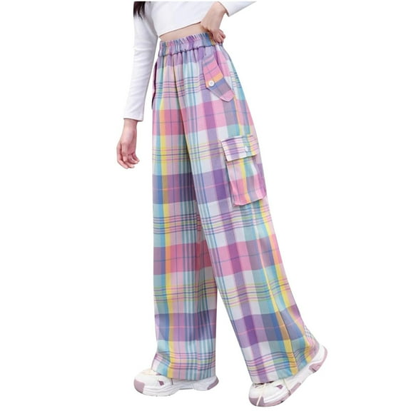 Cargo Pants for Girls Plaid Printed Wide Leg Kids Pants with Pockets Trendy Streetwear Jogger Trousers 5-14 Years