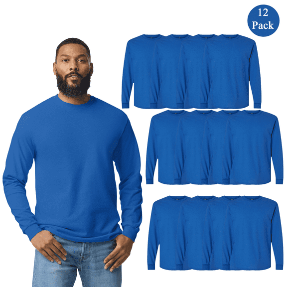 Gildan Unisex Heavy Cotton T-Shirt, Rib Collar Classic Fit Long Sleeve Royal Tee, Bulk 12 Pack, S