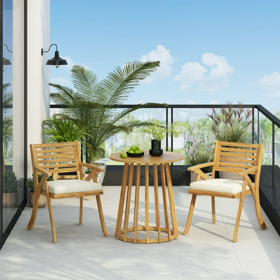 GDF Studio 3-Piece Outdoor Acacia Wood Bistro Set with Round Dining Table and Cushioned Chairs, Teak Finished