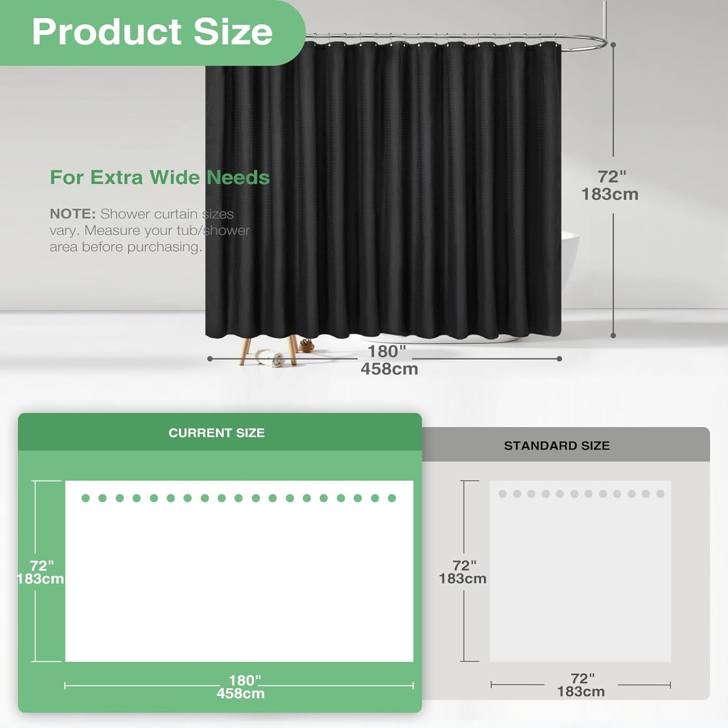 Extra Wide Shower Curtain - 180 Inch Wide Waffle Weave Weighted Thick Cloth Bathroom Shower Curtain, Neutral Heavy Duty Hotel Bath Curtain Set with 32 Plastic Hooks,180x72, Black
