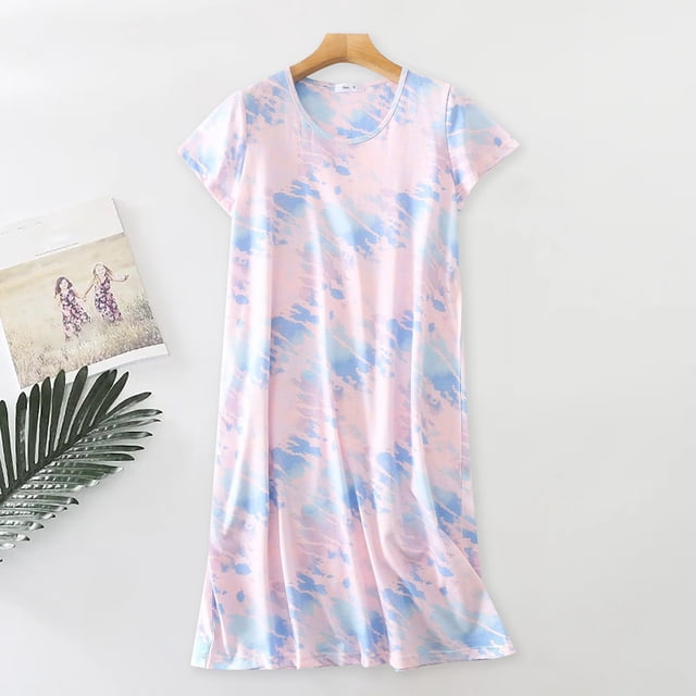 Pyjamas en Coton pour Femmes, Chemise de Nuit Grande Taille Vêtements Tricotés Doux Manches Courtes Col Rond, Rose P-TG