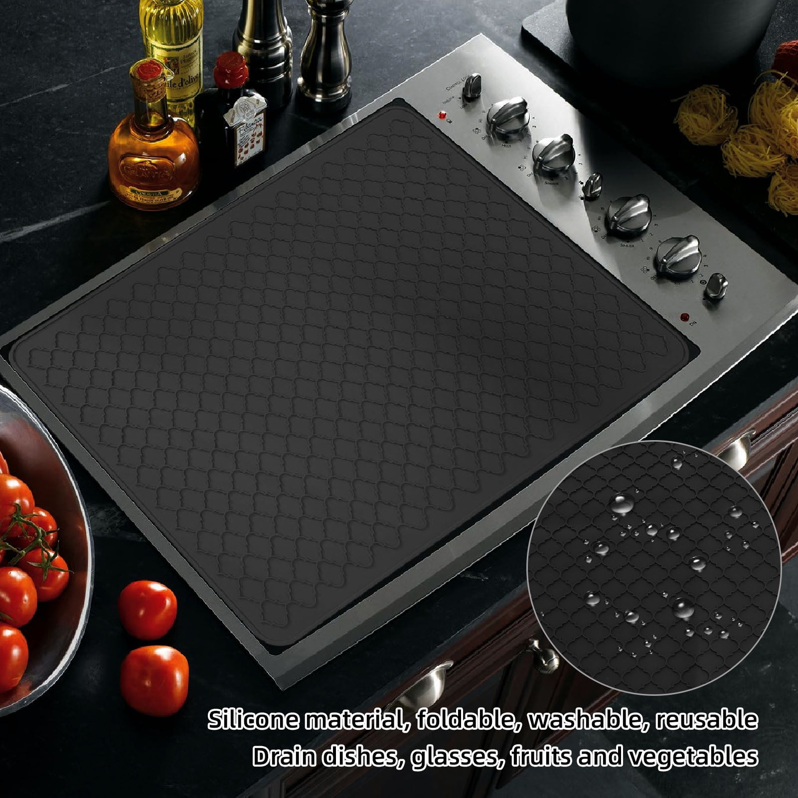 Yajisi Silicone Electric Stove Top Cover Mat 27.8 x 19.9 inches Multifunctional Dish Drying Mat Cooktop Protector, Black