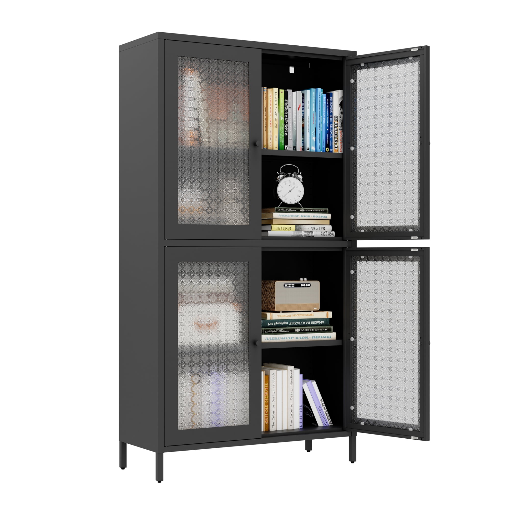 59" Metal Storage Cabinet Display Cabinet with 4 Glass Doors & 4 Shelves,Cabinet Bookcase Side Cabinet for Home Office Living Room,Black 03