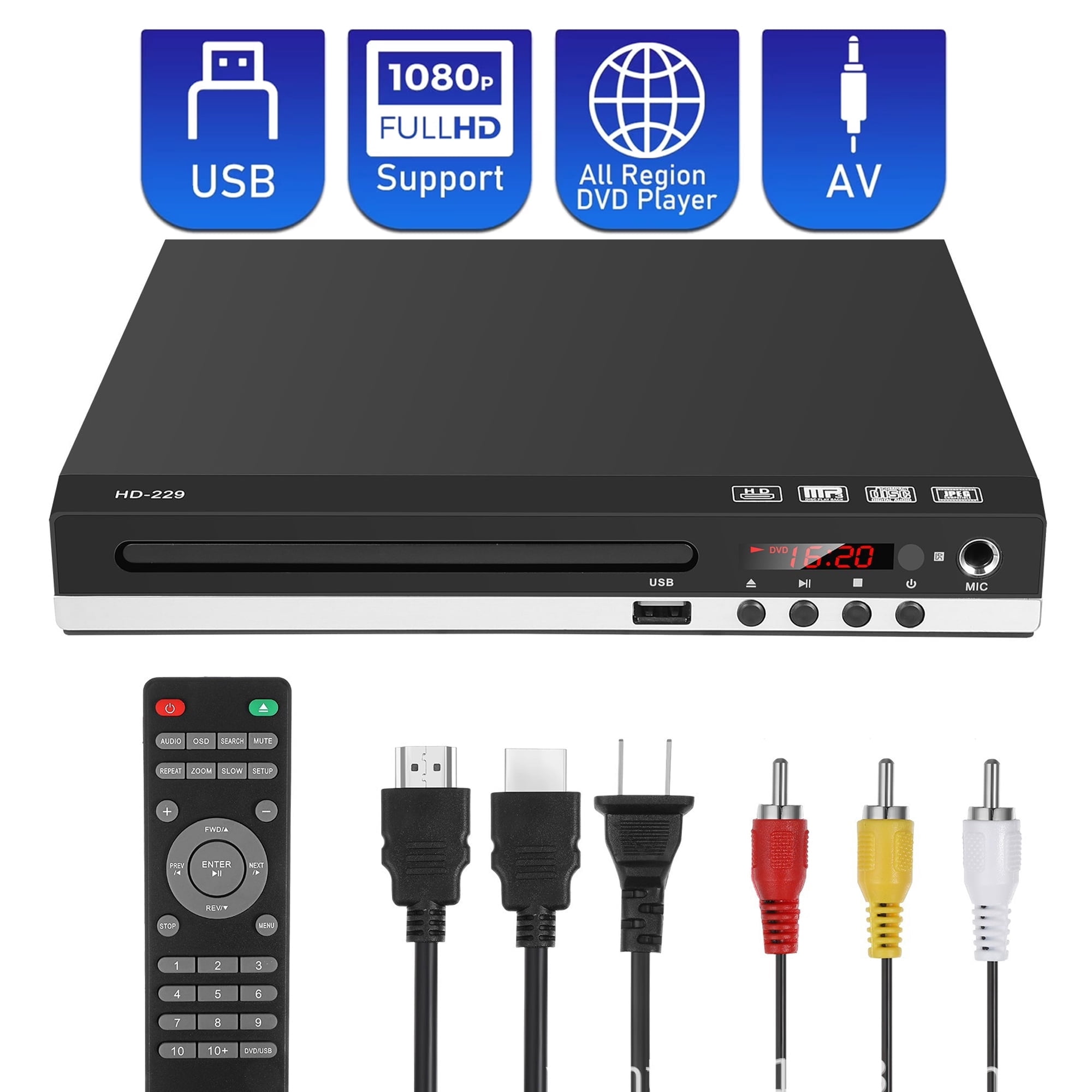 1080P DVD Player for TV, Digital A/V Wired Output, USB Input, Home Disc Player with Remote