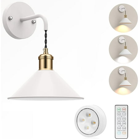 

White Battery Operated Wall Sconce Sconces Wall Lighting Vintage Farmhouse E26 Wall Lamp Color Temperature Switchable Frosted Painted Wall Sconce with Remote for Bedside Hallway (White)