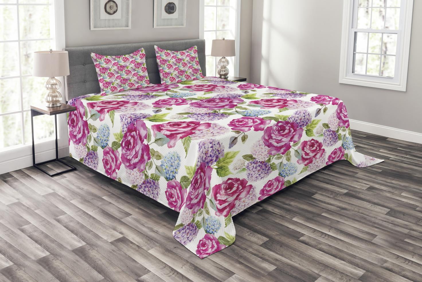 Shabby Chic Bedspread Set King Size, Watercolor Abstract Lavenders