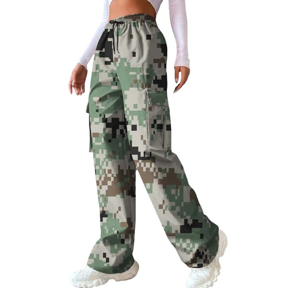 Clearance Unolxmxbk Cargo Pants Women's Casual Camouflage Print Cargo Pants Drawstring Stretch Elastic Waist Tapered Pants with Pockets Camo Pants Palazzo Pants for Women Camouflage M