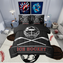 Manfei Ice Hockey 7-Piece Twin Bedding Sets,Kids Game Gaming Bedding Comforter Set,Hockey Helmet Sheet Sets For Teens,Breathable Bedroom Decoration Reversible