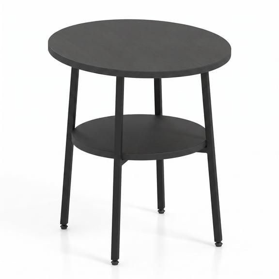 Furnibear Set of 2 Round Side Table with Storage Shelf and Metal Frame, 2-Tier End Table Nightstand for Living Room Bedroom Small Spaces, Black
