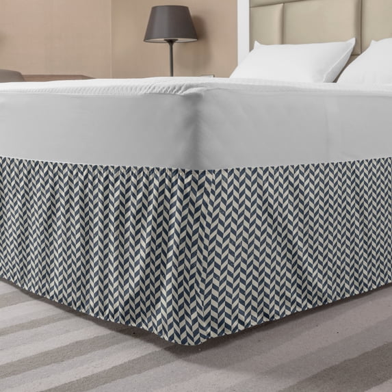 Chevron Bed Skirt, Grunge Geometric Zigzag Stripes Contemporary Style Shapes Arrangement, Elastic Bedskirt Dust Ruffle Wrap Around for Bedding Decor, 4 Sizes, Slate Blue and Eggshell, by Ambesonne