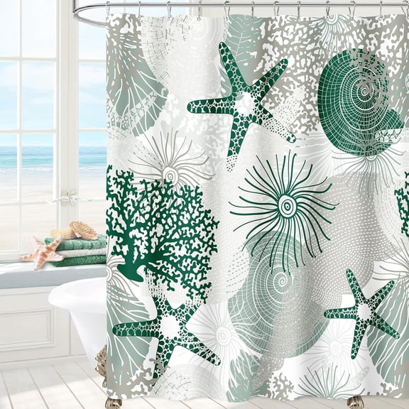 Beach Ocean Themed Shower Curtain, Emerald Green Cute Nautical Coastal Shower Curtains for Bathroom Decor, Summer Tropical Seashell Starfish Coral Fabric Shower Curtain Set with Hooks, 72x72
