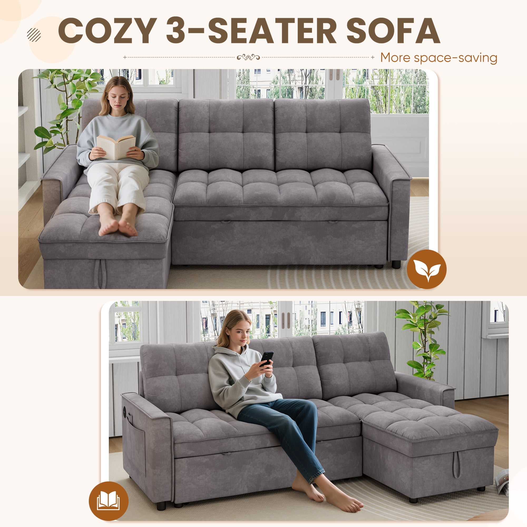 Muumblus Convertible Sofa Bed, Sectional Sleeper Sofa with Storage Chaise, L-Shaped Couch for Living Room, Dark Gray Chenille