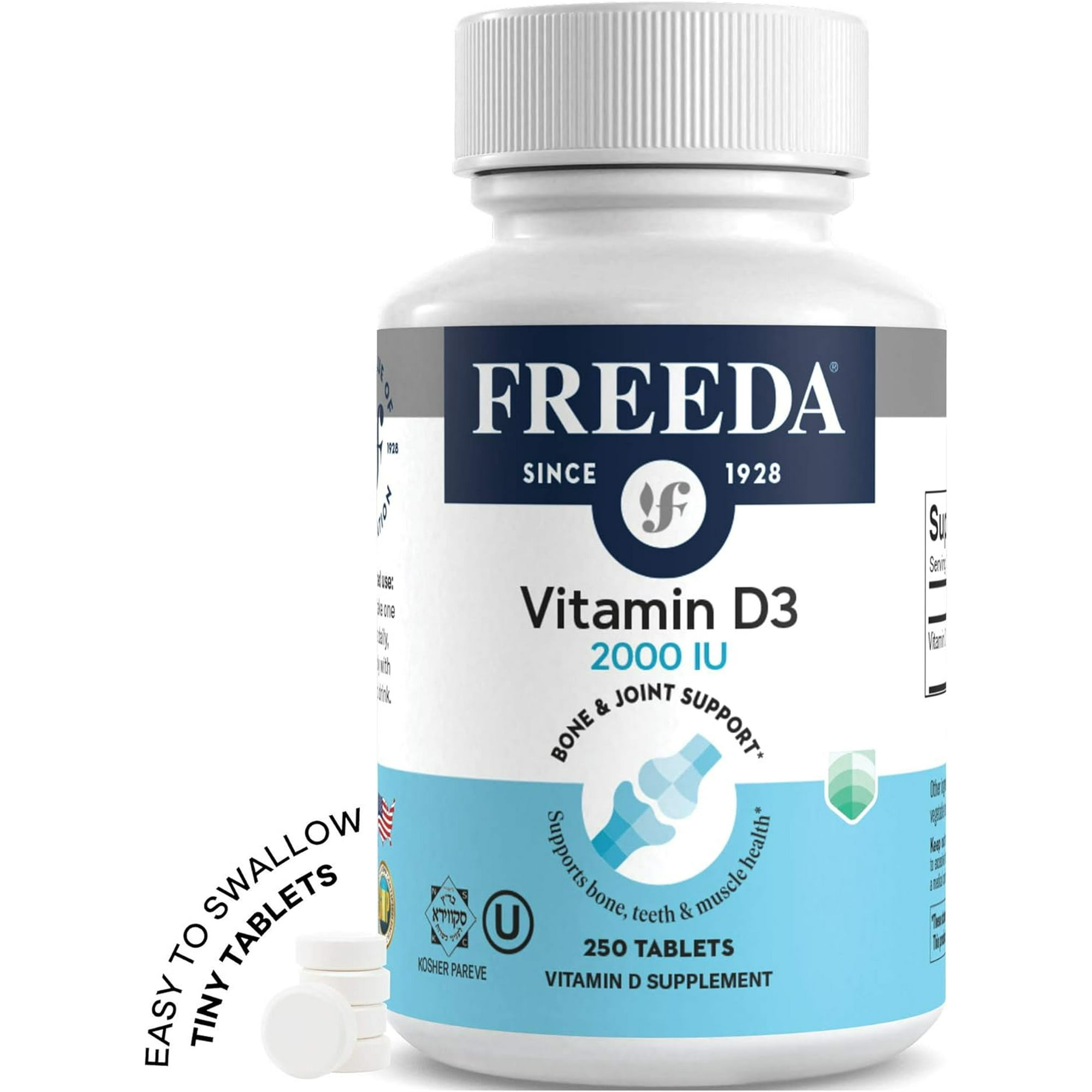 Freeda Vitamin D3 2000 IU Supplement | Bone, Calcium & Immune Support | Tiny Tablets | Kosher, Gluten Free | 250 Count