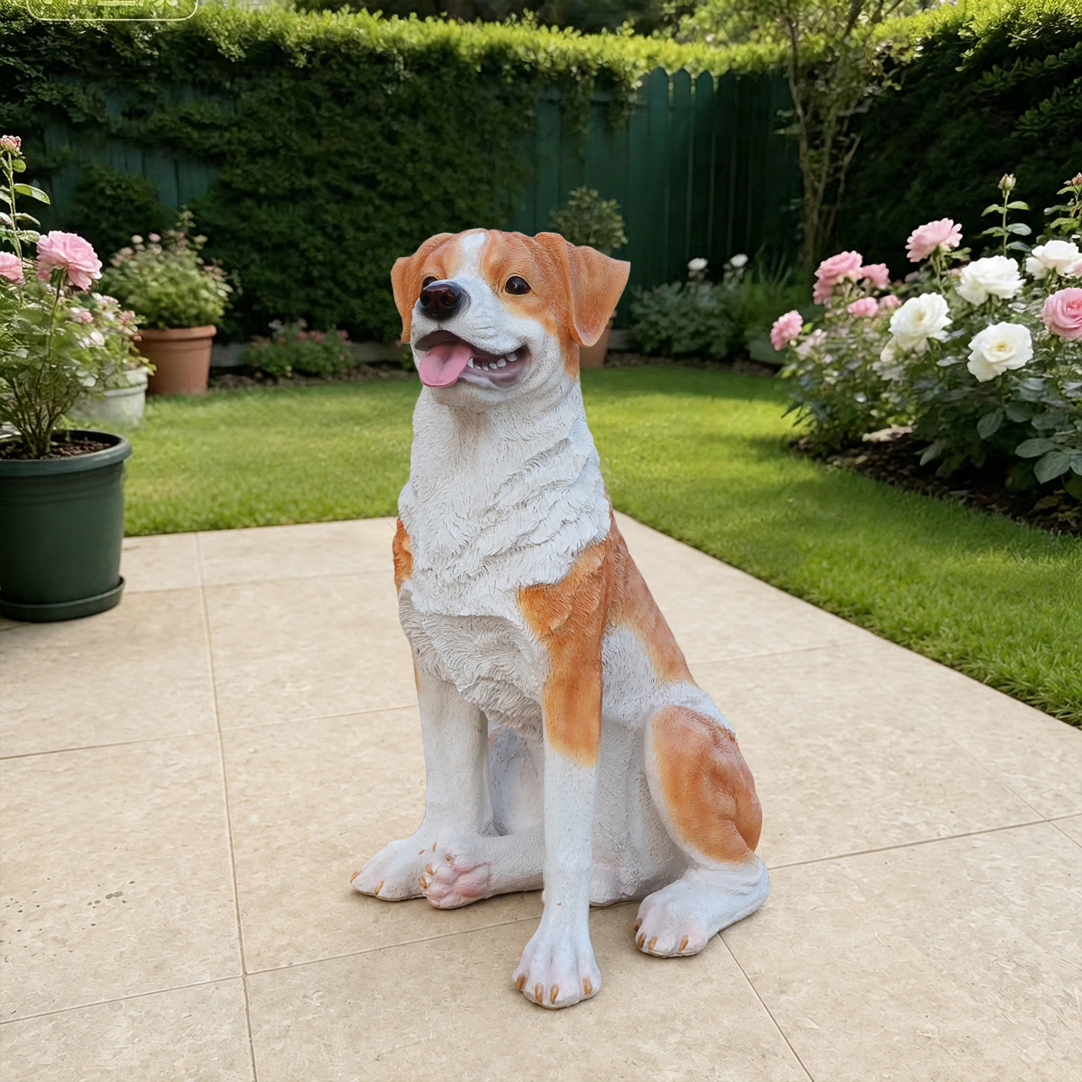 Noble House Lifelike Sitting Hound Dog Statue, Realistic Resin Animal Figurine for Outdoor Garden Decor, Brown White