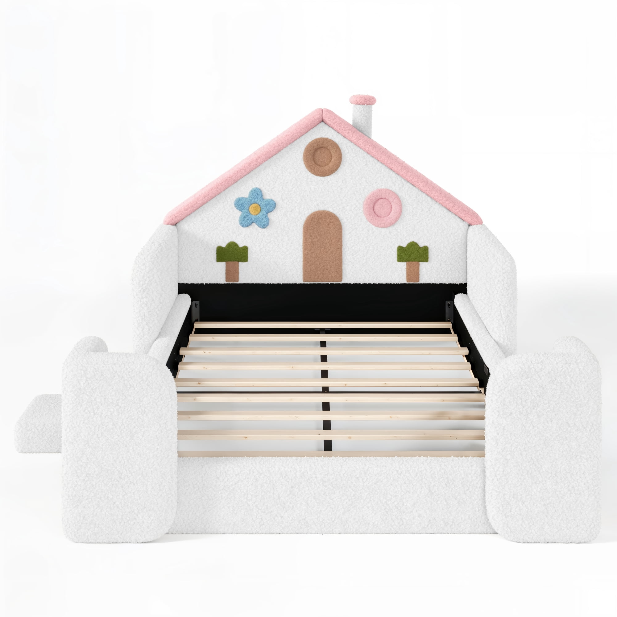 HOQBN Full House Shaped Upholstered Floor Bed, Upholstered Kids Bed with Safety Side Rails, Low Floor Playhouse Bed for Nursery & Kids Bedroom White & Pink