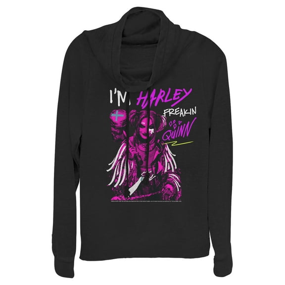 Junior's Birds of Prey Harley Freakin' Quinn Cartoon Cowl Neck Sweatshirt Black 4X Large