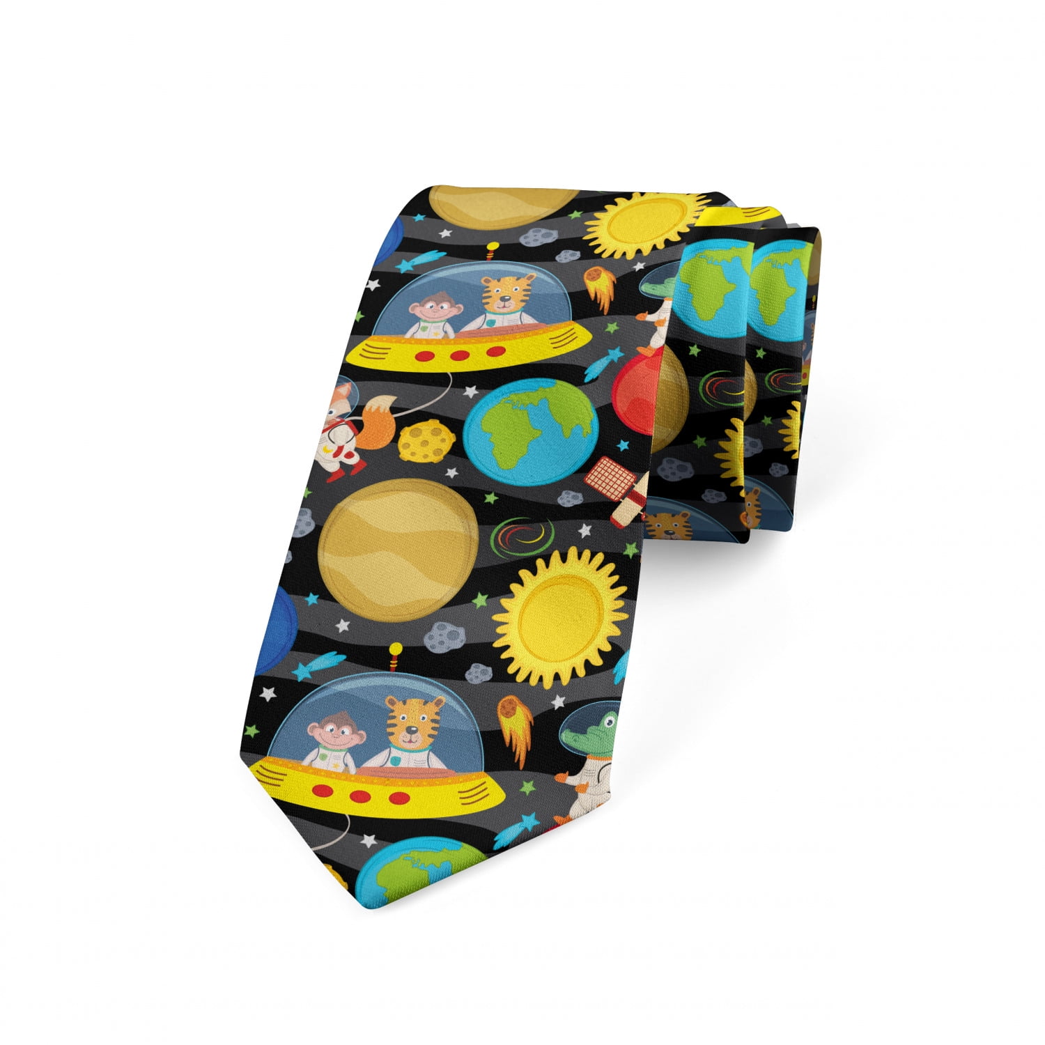 Men's Tie, Animals and Planets Fun, 3.7', Multicolor, by Ambesonne