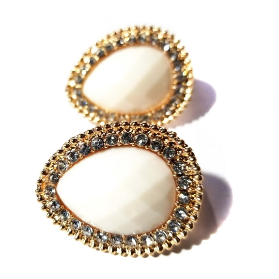 Clip-on Earrings Cream Earrings Gold tone Crystal Pear Shape 1 inch