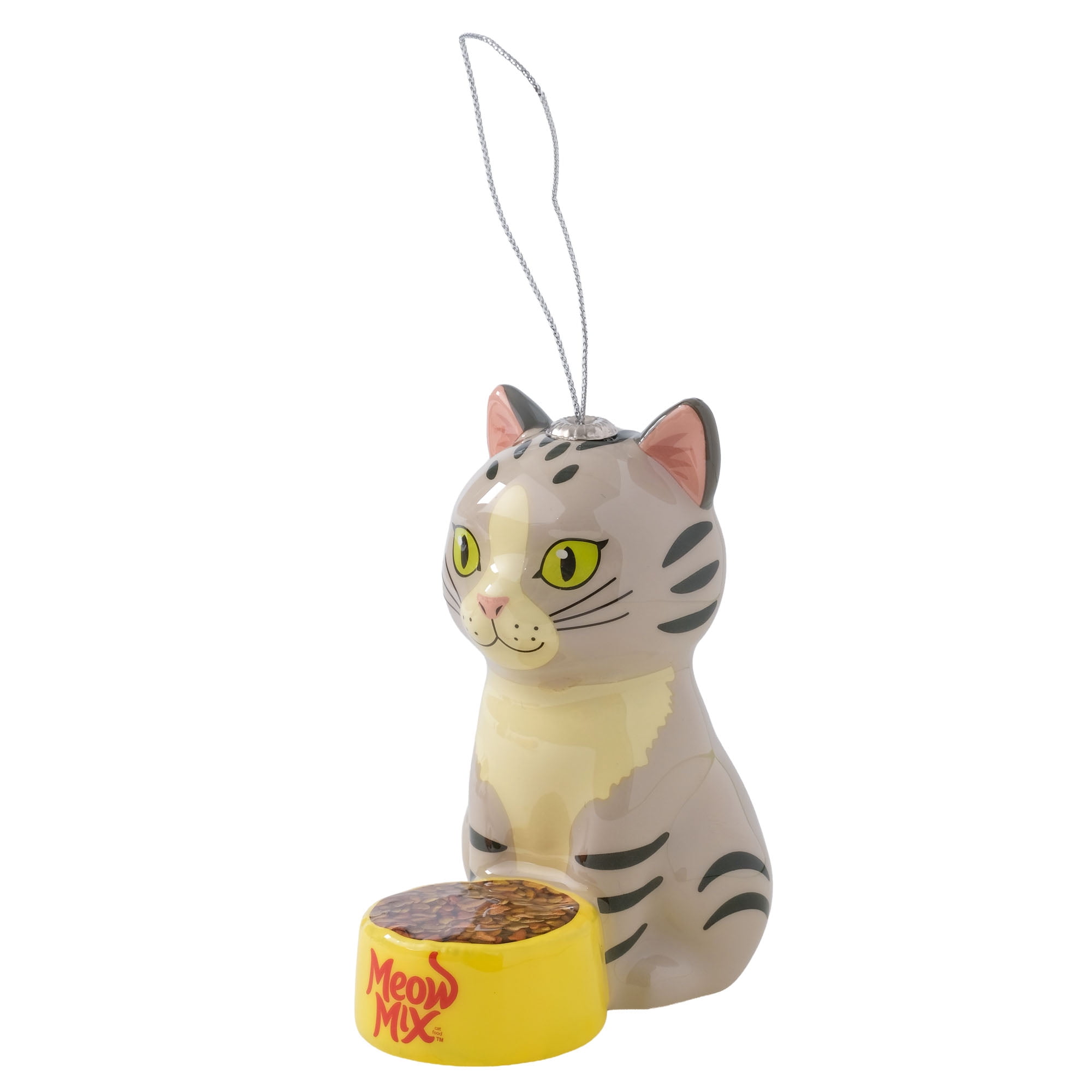 Meow Mix Figural Christmas Tree Ornament - Gray Cat with Food Bowl, Holiday Decoration
