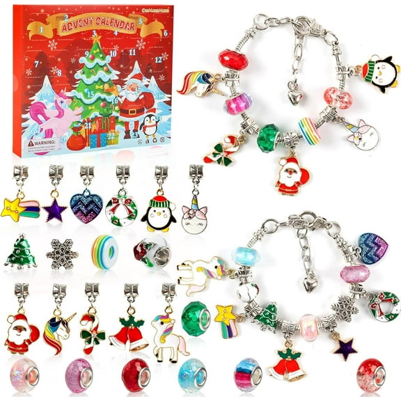 Christmas Advent Calendar Charm Bracelets 2025 for Girls Kids, 24 Days Christmas Unicorn Countdown Calendar with 2pcs DIY Charm Bracelets Kit for Girls Kids Teens Adult Women