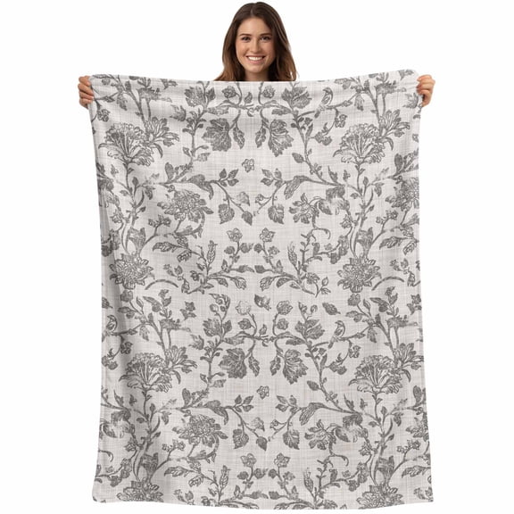 Farmhouse Grey Blanket Soft Cozy Warm Throw Blanket for Couch, Plush Fuzzy Flannel Fleece Blankets for Sofa, Vintage Flower Leaf Botanical Plant Bed Blankets Lightweight Gifts for Women, 50"x80"