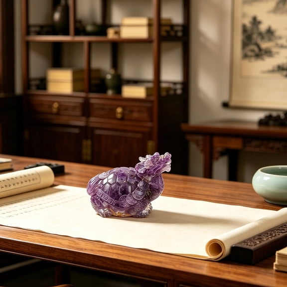 Home Decor Natural Amethyst Dragon Turtle Figurine Feng Shui Luck Stone Desktop Sculpture Positive Energy Healing Ornament for Office Desk Living Room Shelf Home Table Decor & Gift