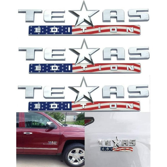 (Set of THREE) Muzzys American Flag Texas Edition Emblem Badge 3M Universal Stick on, FITS Silverado, Sierra, Fender, Tailgate, Door, Car, Truck, RED WHITE AND BLUE!