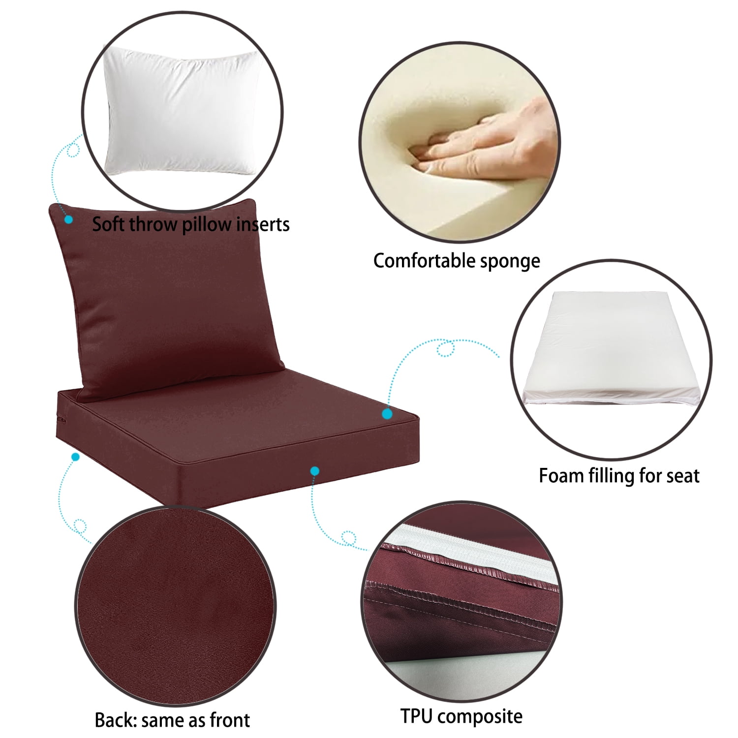 Outdoor Seat Cushions for Patio Furniture Set of 24x24 Inch for Waterproof Replacement Cushions with Removable Cover for Chair Yard Garden Deck，Burgundy