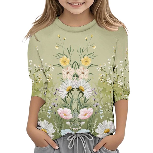 XDZJLR T-Shirt à Manches à Volants pour Filles Tout-Petits Été Mignon Couleur Unie Mode Décontractée Col Rond Blouse Verte 3-4 Ans