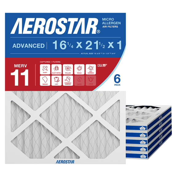 Aerostar 16 1/4x21 1/2x1 MERV 11 AC Furnace Air Filter, Pleated HVAC Filter, MPR 1000 FPR 7, Allergen Defense, 6-Pack, Made in USA
