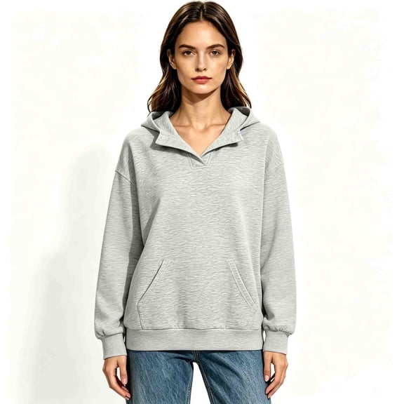 Women's V Neck Notch Collar Pullover Hoodie, Fleece Oversized Hooded Sweatshirt with Kangaroo Pocket, Women's Plus, Size S-3XL