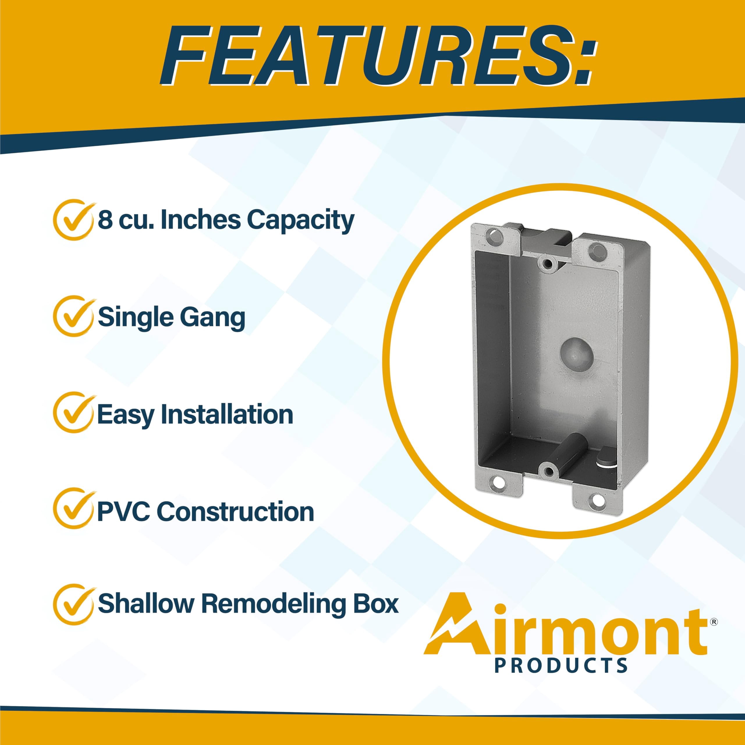 Old Work Round Electrical Box, One-Gang Grey PVC Junction Box, Electrical Old Work Box with Built-in Mounting Tabs, Mounting Wings, 2-Hour Fire Rated Walls 12, 8 Cubic Inch Box
