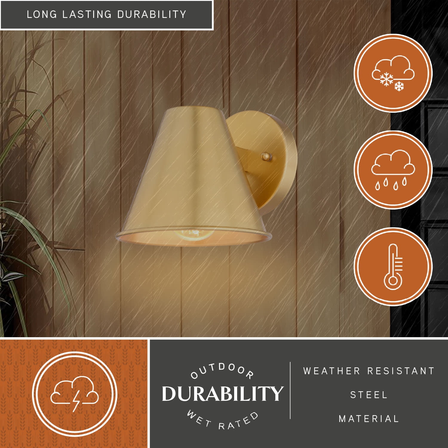 Smith 6.25 in. H 1-Light Gold Brass Modern Contemporary Indoor-Outdoor Wall Sconce with Metal Cone Shade, LED Compatible, Dark Sky Compliant, Use for Exterior Porch Patio Front Door or Garage